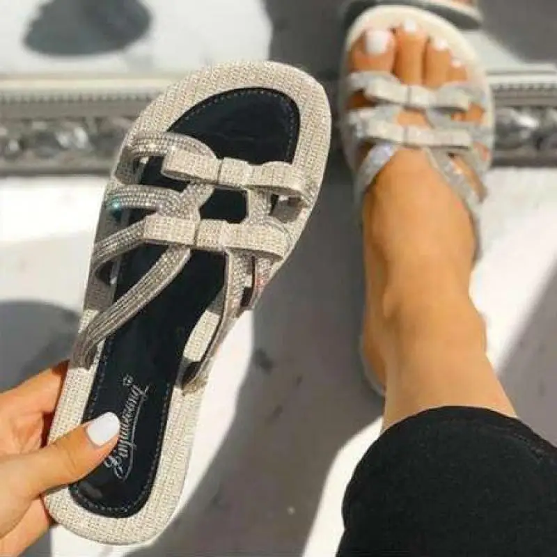 Women's Girl Sandals Crystal 2021 New Open Toe Beach Shoes Lady Rhinestone Bow Shiny Casual Comfort Slippers