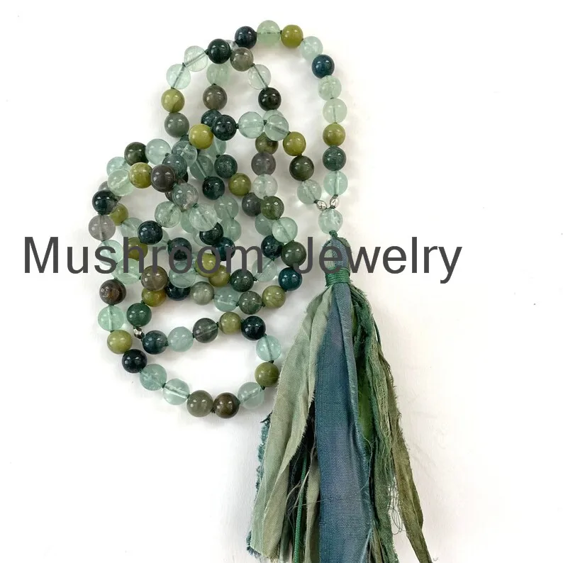 Natural Green Quartz Crystal Bead Women Pendant Tassel sari silk tassel Necklace