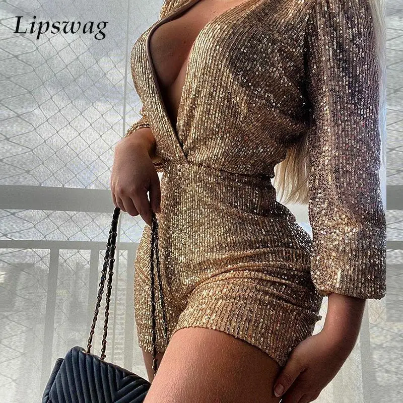 

Fashion Romper Spring Autumn Ladies Overalls Bodysuits Elegant Lantern Sleeve Sequins Women Jumpsuit Sexy Deep V-Neck Playsuits