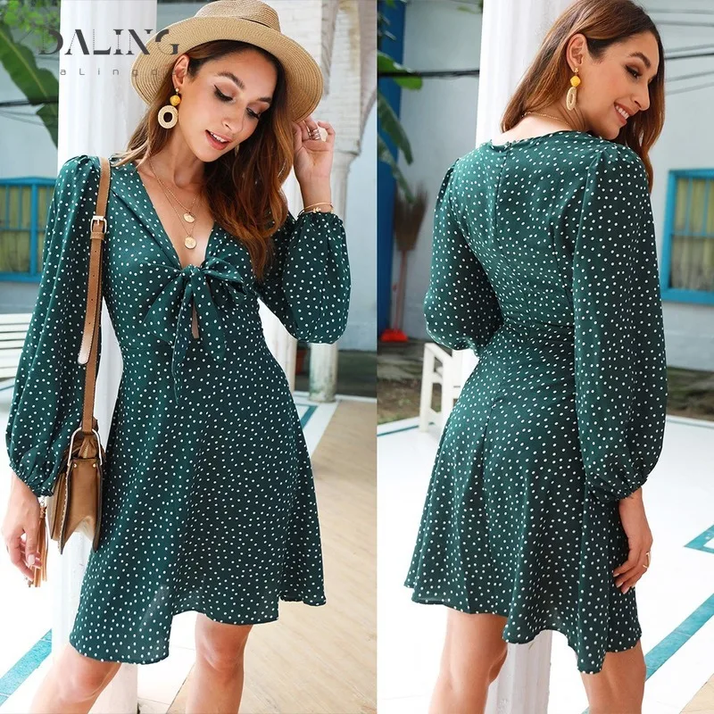 

Woman V-neck Sexy Bowknot Dress With Long Sleeve High Waist Casual Short Skirt Bohemian Dresses 2021 Spring Fashion Women