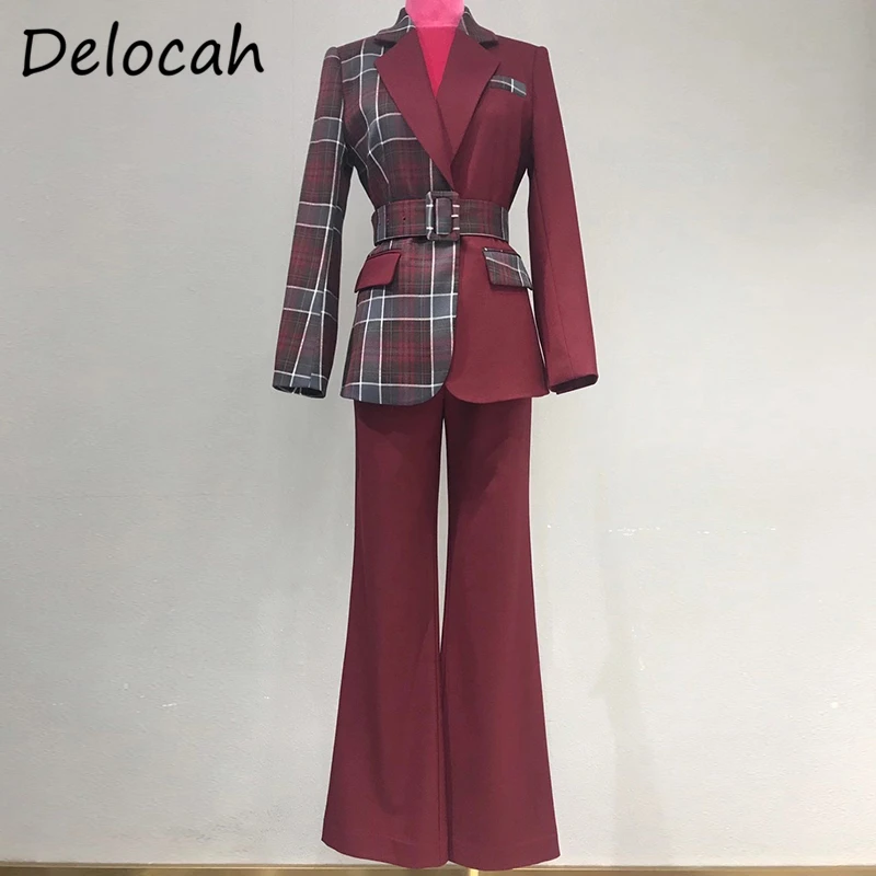 

Delocah New 2021 Fashion Women Spring RunwayPants Set Long Sleeve Slim Jacket + High Waist Print Long Pants 2 TwoPiecesSuits