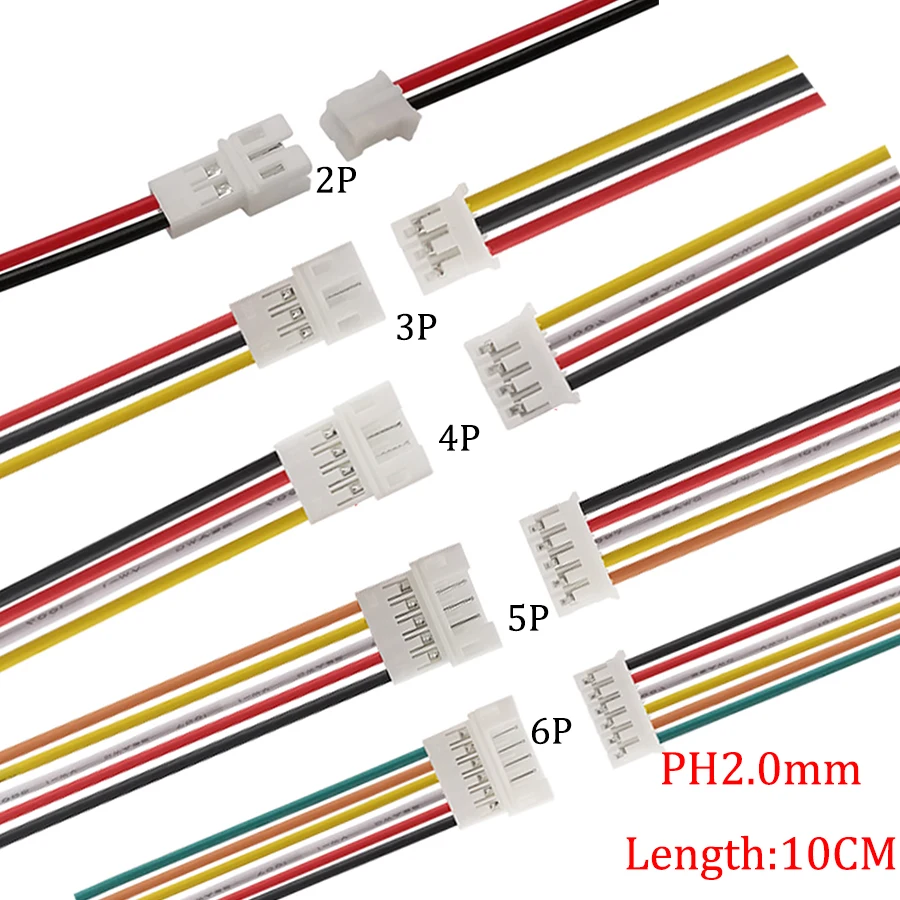 

10Pair/20Pcs 26 AWG 10CM Micro 2.0mm Pitch JST Connector JST PH2.0 2P/3/4/5/6Pin Male Plug Female Jack Electrical Wire Connector