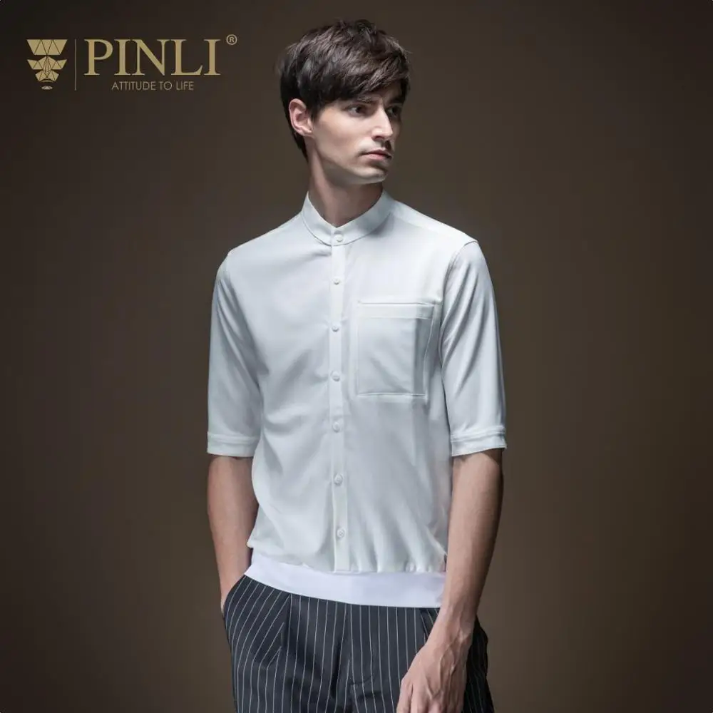 

Pinli 2020 летняя новая однотонная мужская рубашка с круглым вырезом и эластичным поясом, Повседневная приталенная рубашка с коротким рукавом, ...