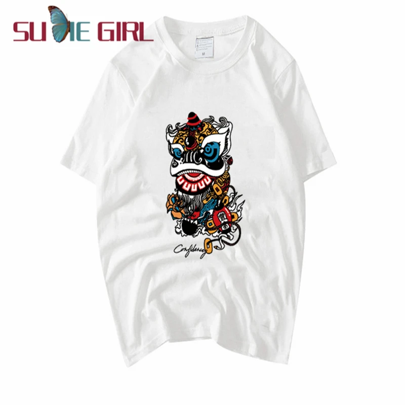 

SUDIE Girl Chinese style lion dance print national tide short-sleeve T-shirt summer new round neck ladies top