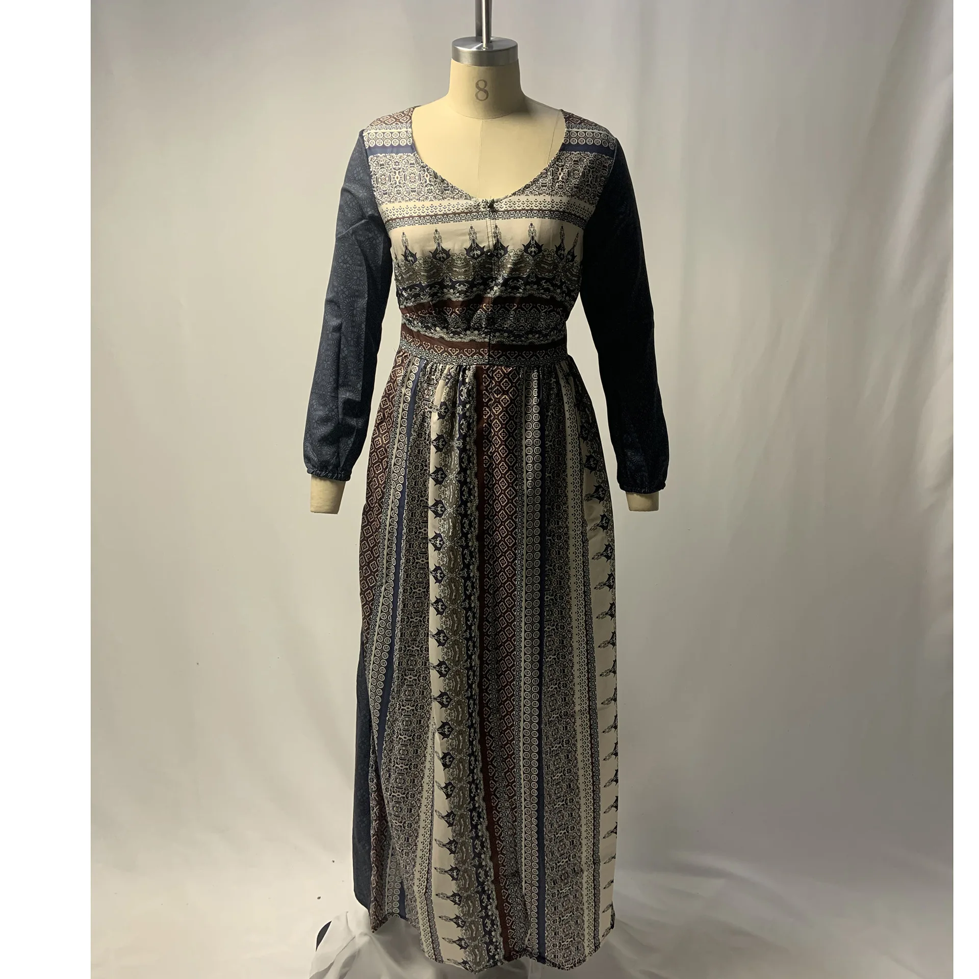 

WEPBEL High Waist Dress Women's Bohemian Print Loose Dress Summer Fashion Long Sleeve V-neck Slit Dress