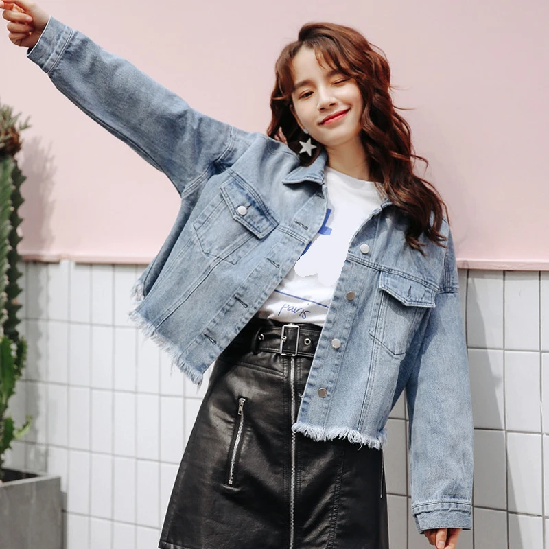 Женские весенние куртки Короткая синяя джинсовая куртка для женщин базовое