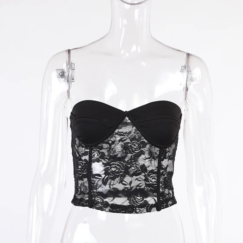 

Y2K EGIRL Vintage 2000s Strapless Patchwork Bustier Tops Y2K Aesthetics Pink Backless Lace Corset Top Summer Sleeveless Sexy Top