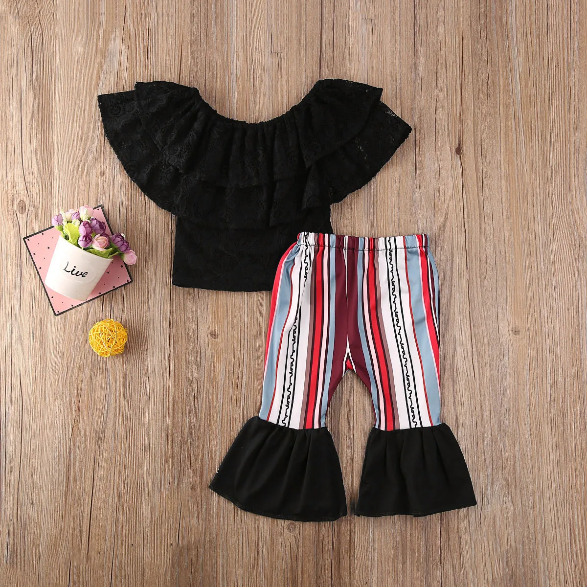 

2PCS Toddler Baby Girl 12M-4T Off Shoulder T-shirt Tops+Flared Stripe Pants Clothes Set
