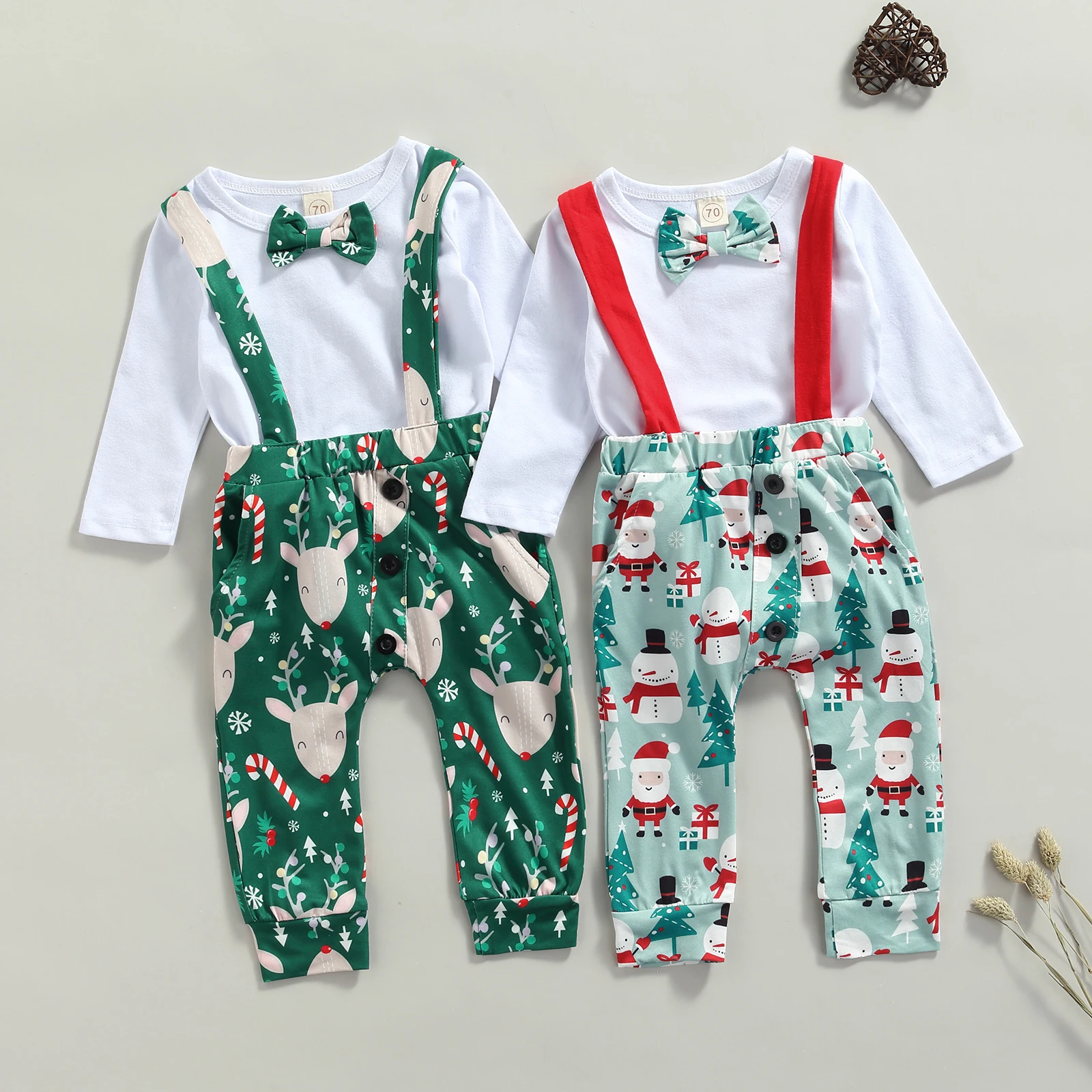

Autumn 2Pcs Baby Girls Boys Christmas Tracksuits Clothing Sets Unisex Long Sleeves Rompers Cartoon Print Suspender Pants 0-18M
