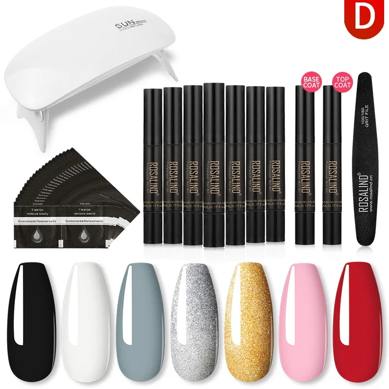 

ROSALIND Neon Gel Nail Polish Pen Set Varnish Mini UV Lamp With Semi Permanent Base Coat Primer Remover Wipes Kits For Manicure