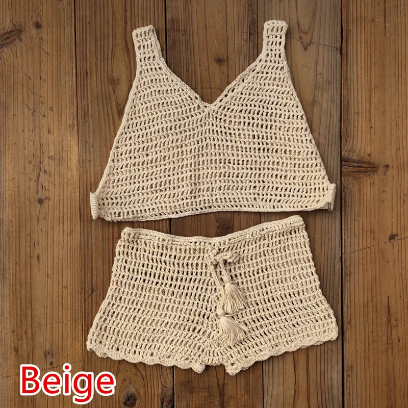 

Hand Crochet Cover UP Bikini Set Net Women Boho Sexy Beach Shorts Festival Clothing