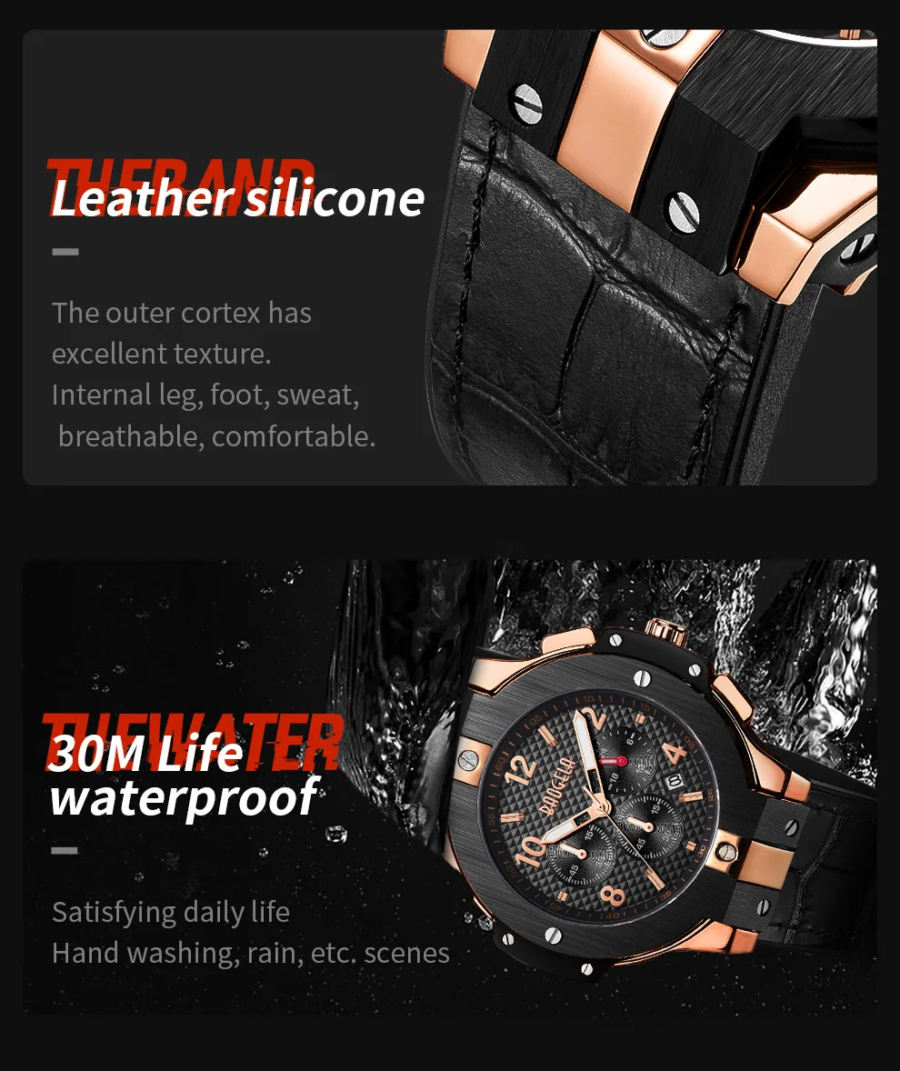 BAOGELA marque hommes montre Quartz montre ou bande de caoutchouc 3ATM resistant А 'Eau chronographe hommes Quartz 1909