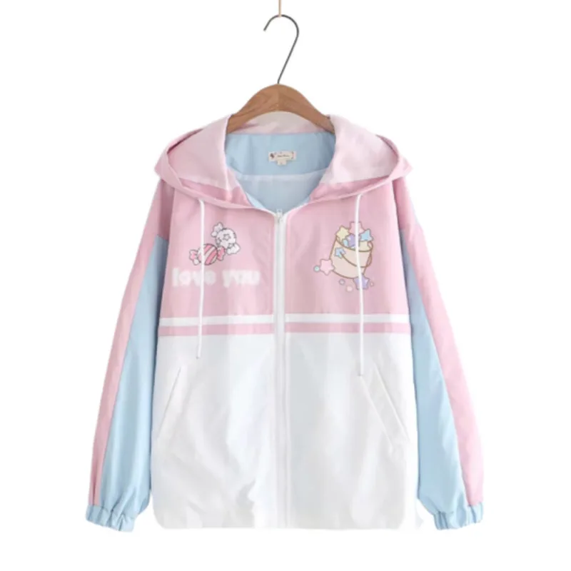 

Autumn Cartoon Stars Printing Loose Coat Sweet Sweatshirt Hoodies Women Moletom Feminino Aesthetic Kawaii Pink Hoodie Jacket