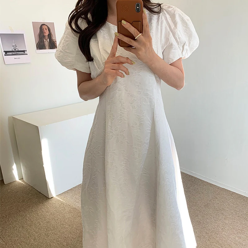 

Korejpaa Women Dress 2021 Summer Korean Chic Ladies Retro Elegant Round Neck Pattern Lace-Up Waist Slimming Puff Sleeve Vestidos