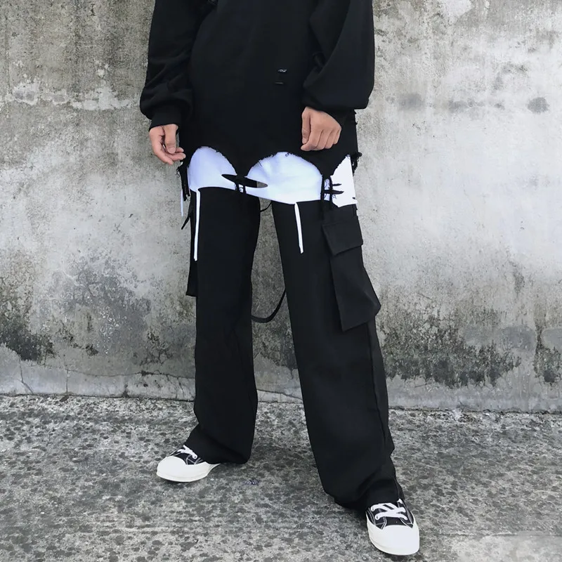 

fashion brand unisex Cool Chain hipster Solid Capris spring Autumn harajuku BF Women's Clothing Full Length wide leg Pants loose