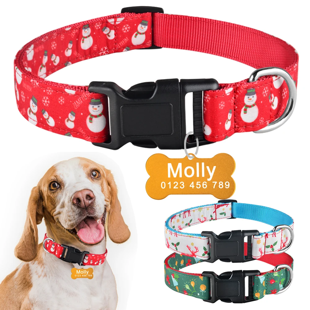 

Рождественский персональный ошейник для собак, ошейник для домашних животных с защитой от потери, ошейники с бирками, Бесплатная гравировк...