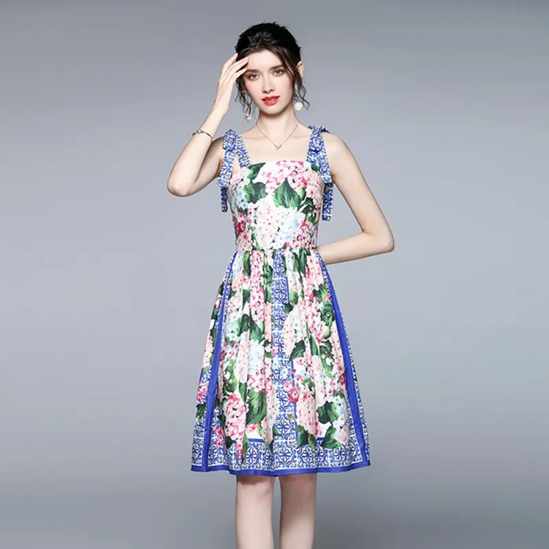 

2021 new fashion runway summer short skirt women's high-quality positioning printing bowknot sling printing casual dress