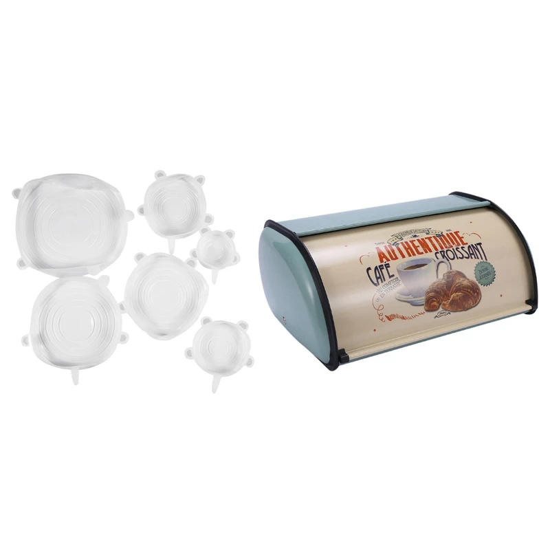 

6 Растягивающихся крышек, силиконовые растягивающиеся крышки и 1 набор французских винтажных ящиков для хлеба, корзина для хранения, верхня...