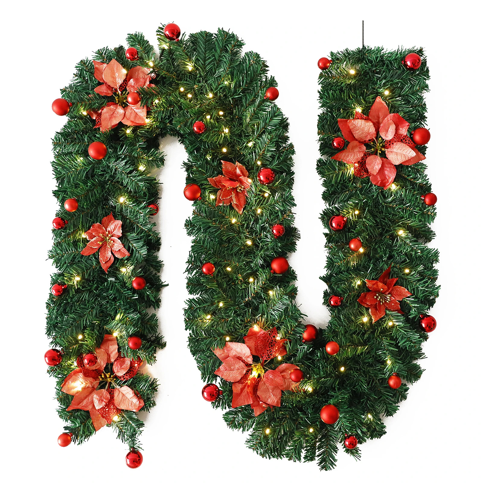 

2.7M Christmas Red Flower Rattan Garland With Shiny LED String lights Fake Green Pine leaves Garland Christmas Tree Decorations