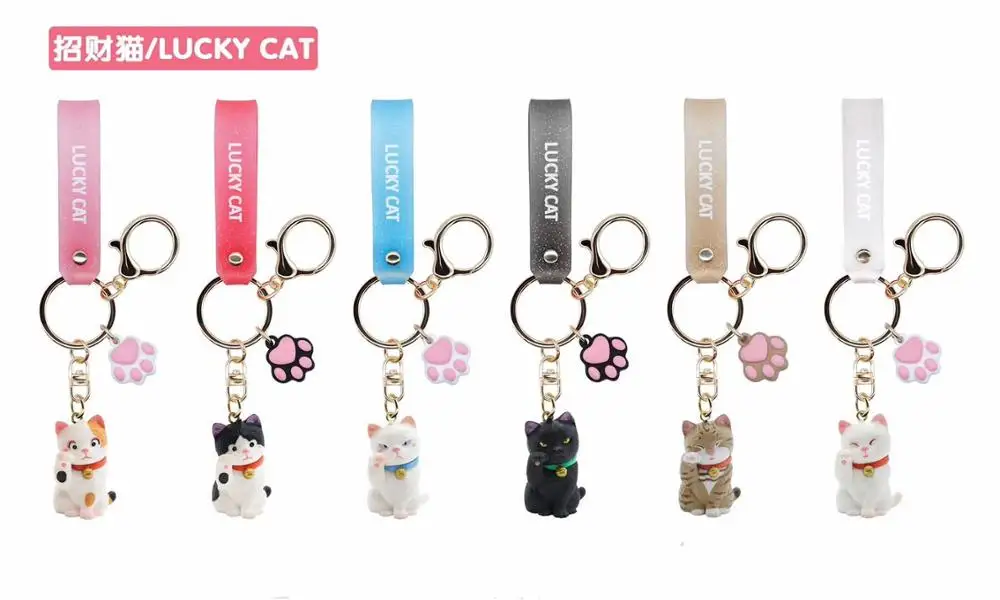 

Women cute lucky cat keychains Cartoon kitten doll Key chain with Lanyard Kids toy Car Pendant bag Key ring girl llaveros