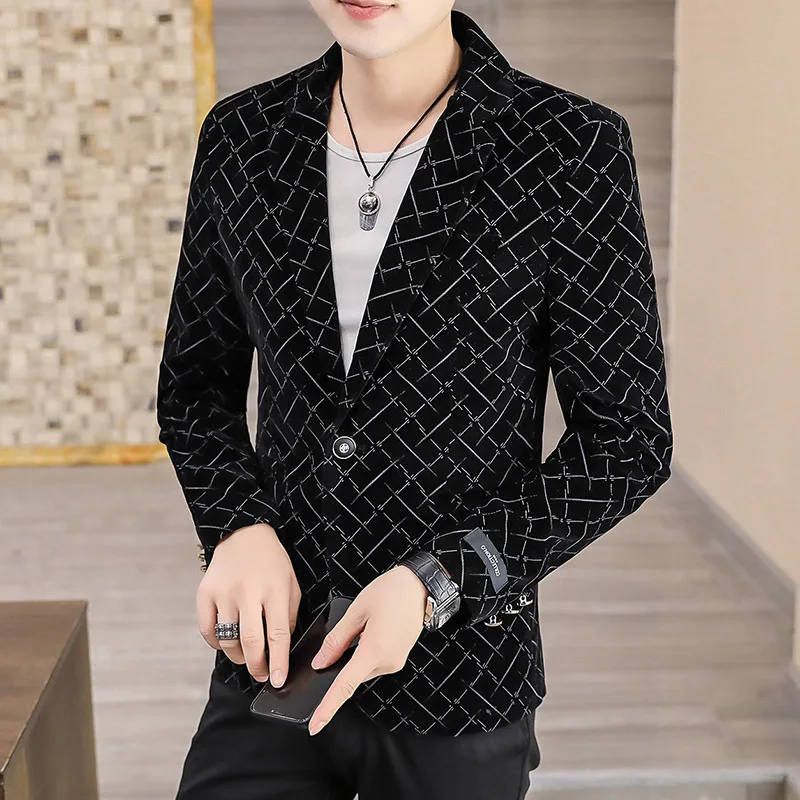 Мужской новый осенний вельветовый костюм HOO с принтом в клетку Молодежный