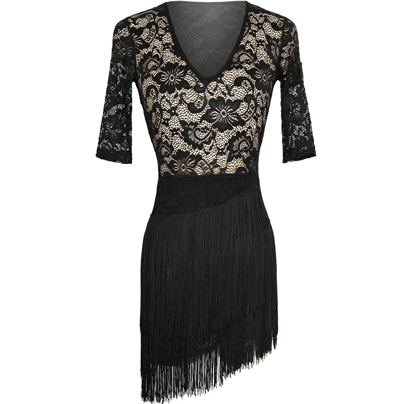 

Summer New Latin Dance Dress For Women Sexy Perspective Lace Tassel Dresses Adult Ballroom Samba Performance Clothing DWY3763