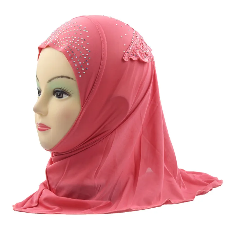 Watermalon Red Girls Hijab Kids Muslim Beautiful Embroidery Hijab Islamic Fashion Scarf Shawls Flower Pattern about 45cm - Цвет: Watermalon Red