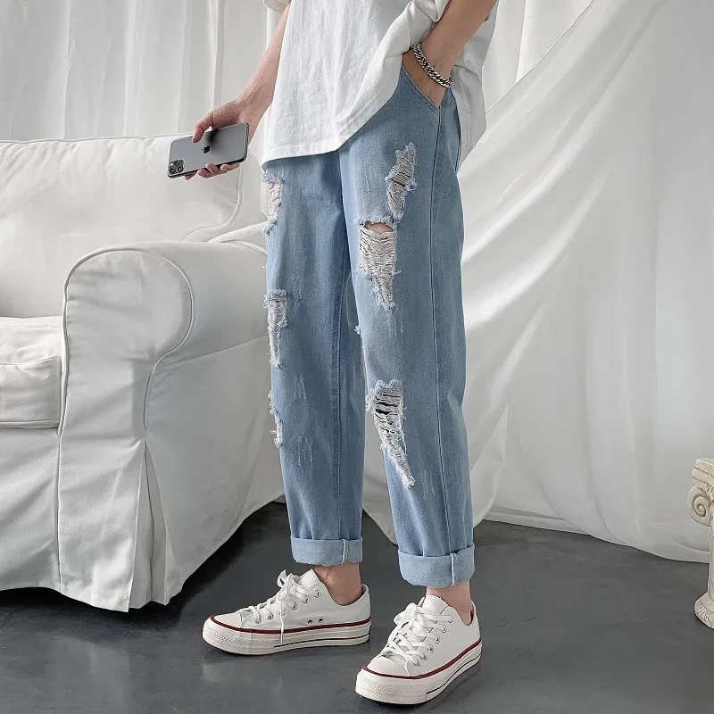 All-Match Trendy Males Leisure Chic Baggy Vintage Men Jeans Plus Size 5Xl Straight Loose Hole Ankle Length Elastic Waist Solid