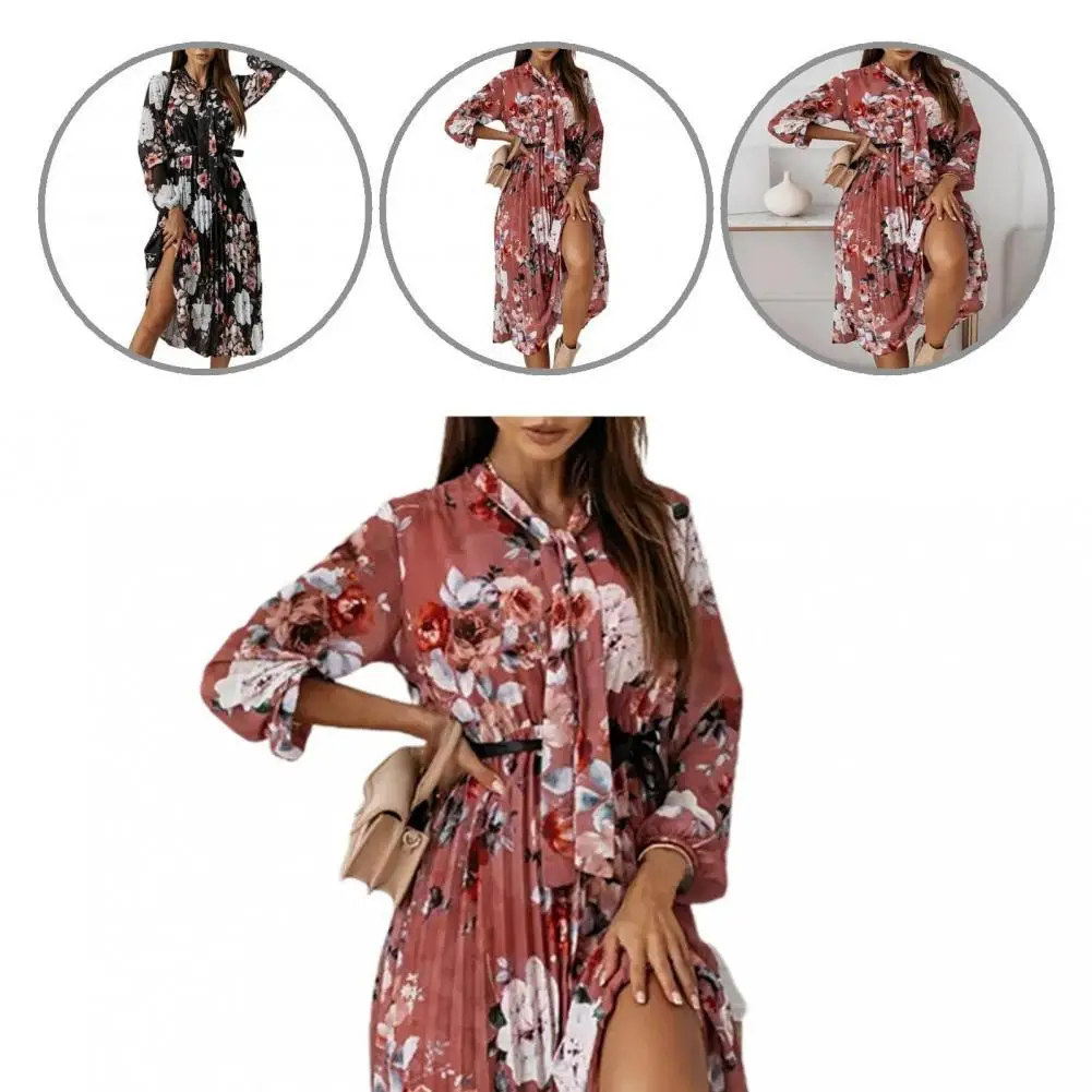 

2021 New Women Fashion Elegant Dress Loose Floral Long Lantern Sleeve Pleated Midi Dress Sundress for Dating Beach Dailywear