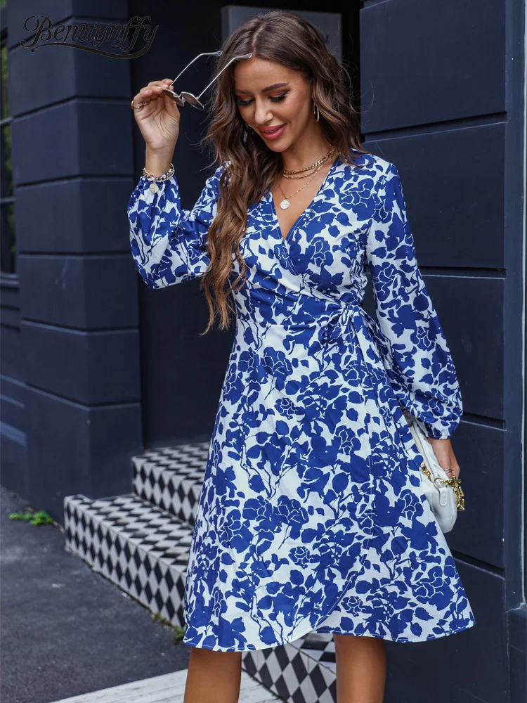

Benuynffy Floral Print V-neck Tie Side Wrap Dress Women Autumn Fashion Vintage High Street Long Sleeve lady Elegant Midi Dresses