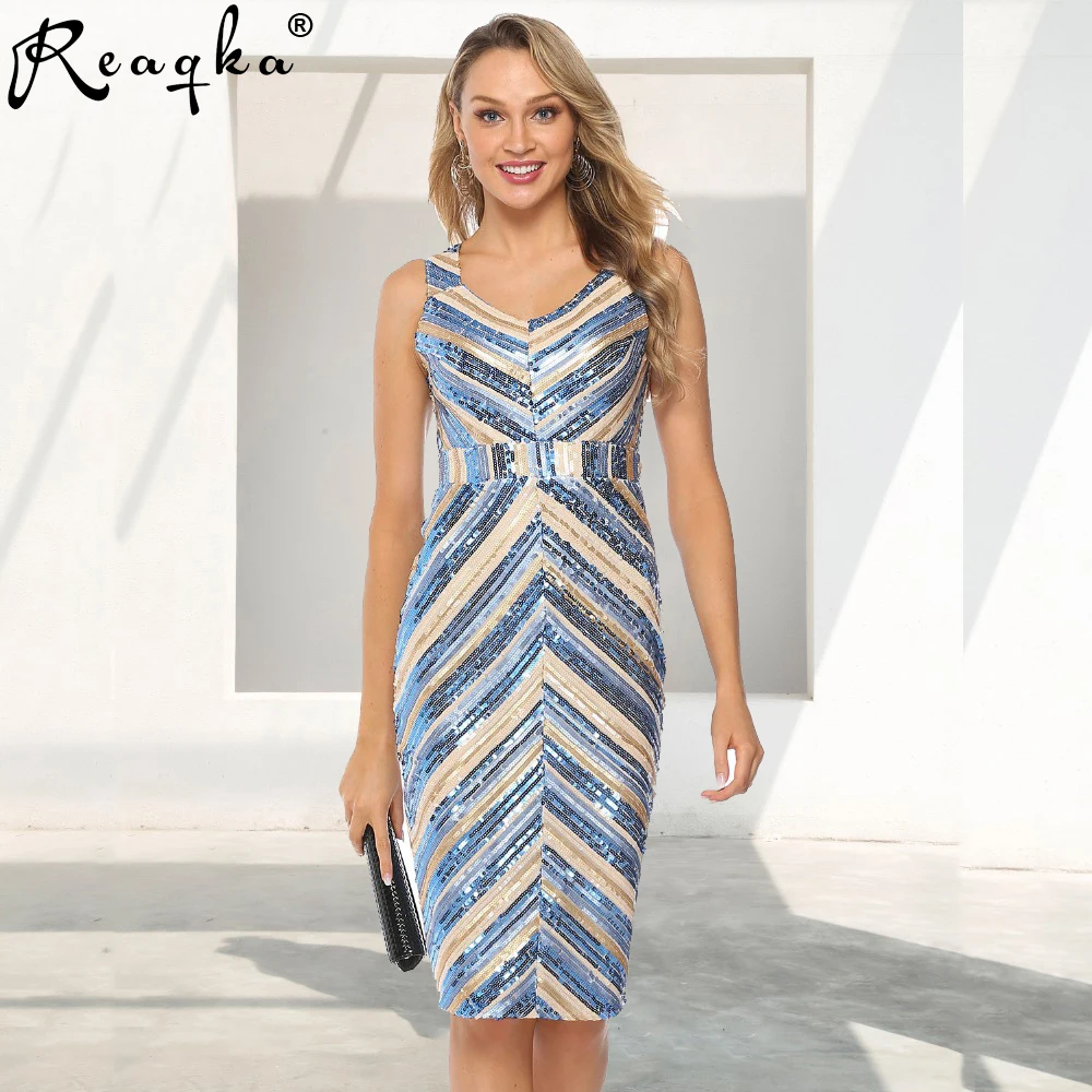 Женское облегающее платье Reaqka Элегантное летнее в полоску с блестками Клубное до