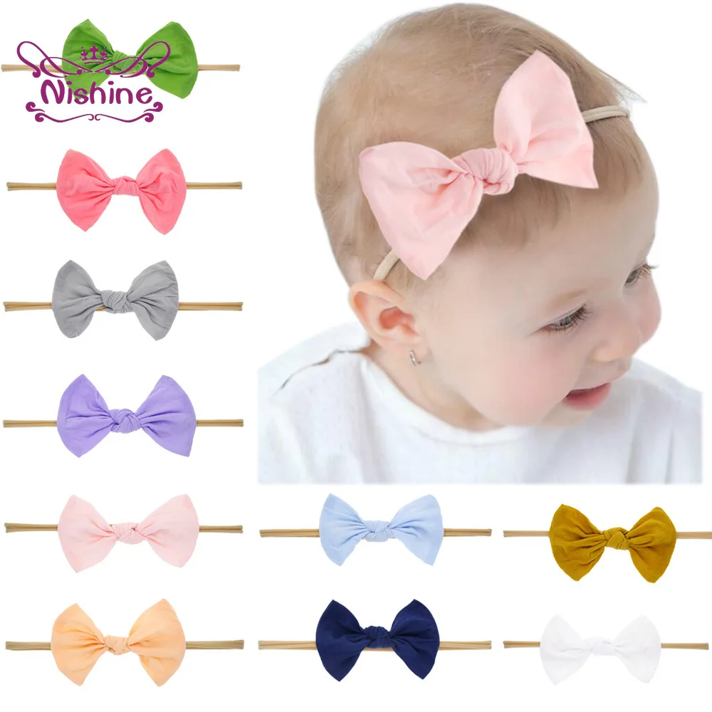 

Nishine Fashion Handmade Fabric Bowknot Infant Headband Solid Color Bows Nylon Hairband Elastic Children Headwear Baby Ornaments