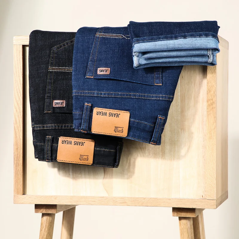 

2021 Spring and Autumn Classic Leather Brand Fitted Straight Cotton Stretch Jeans Business Casual Youth Men's Fashion Slim Jeans