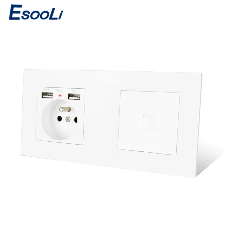 ESOOLI French Standard Electric Socket with 2 USB Charge Port +1 Gang RJ11 Telephone Connector PC Plastic Panel 172*86mm | Обустройство