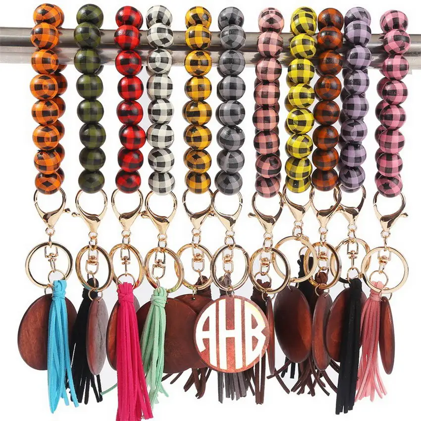

Buffalo Plaid Beads Bracelets for Women Fashion Monogram Blank Wooden Disc Bracelet O key Velvet Tassel Keychain Wholesale