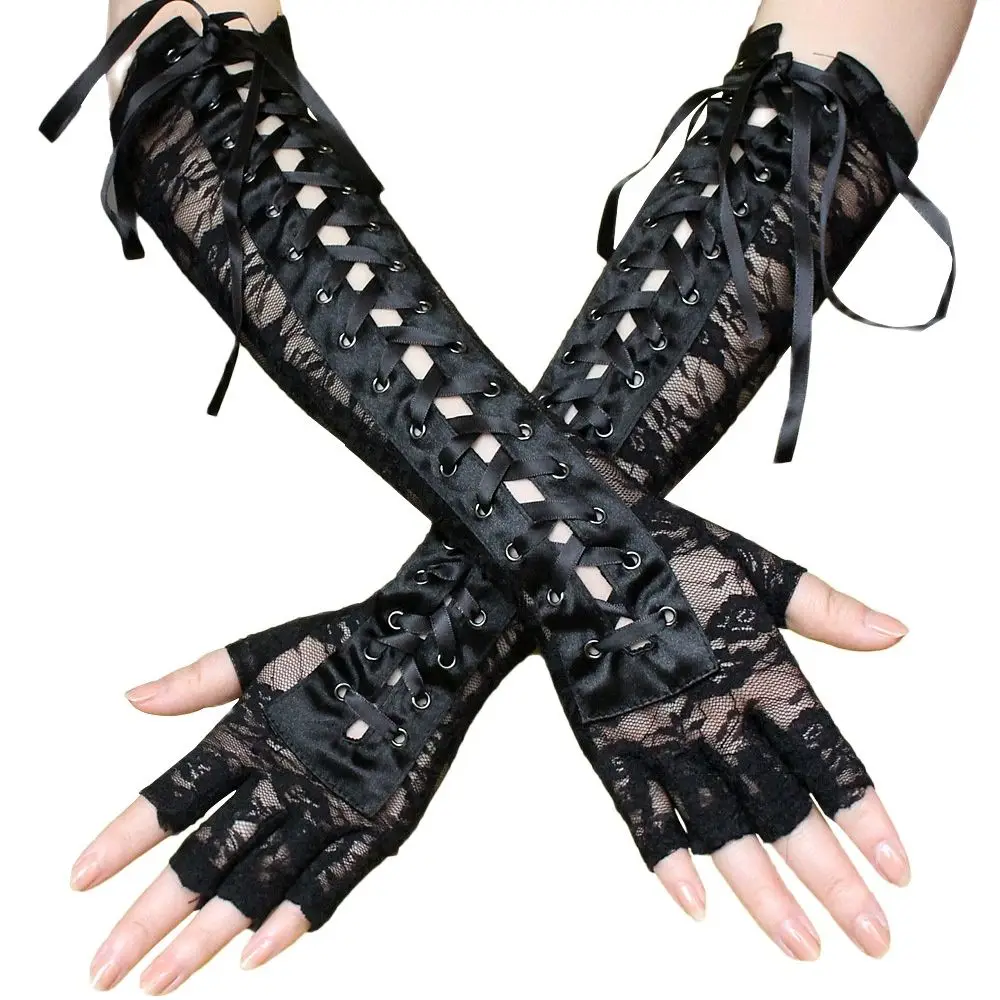 

Womens Sexy Lace Up Punk Fingerless Gloves Long Elbow Lace Gloves for Costume Party Lace-up Arm Warmer Black, One Size