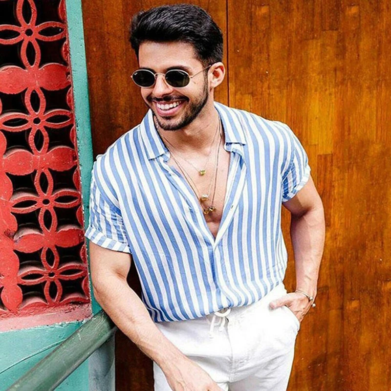 Мужская летняя блуза с коротким рукавом синяя полосатая Ретро Повседневная