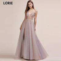lorie a line tulle evening dresses 2021 sexy side split vestidos de fiesta see through crystals v neck prom gowns party dresses