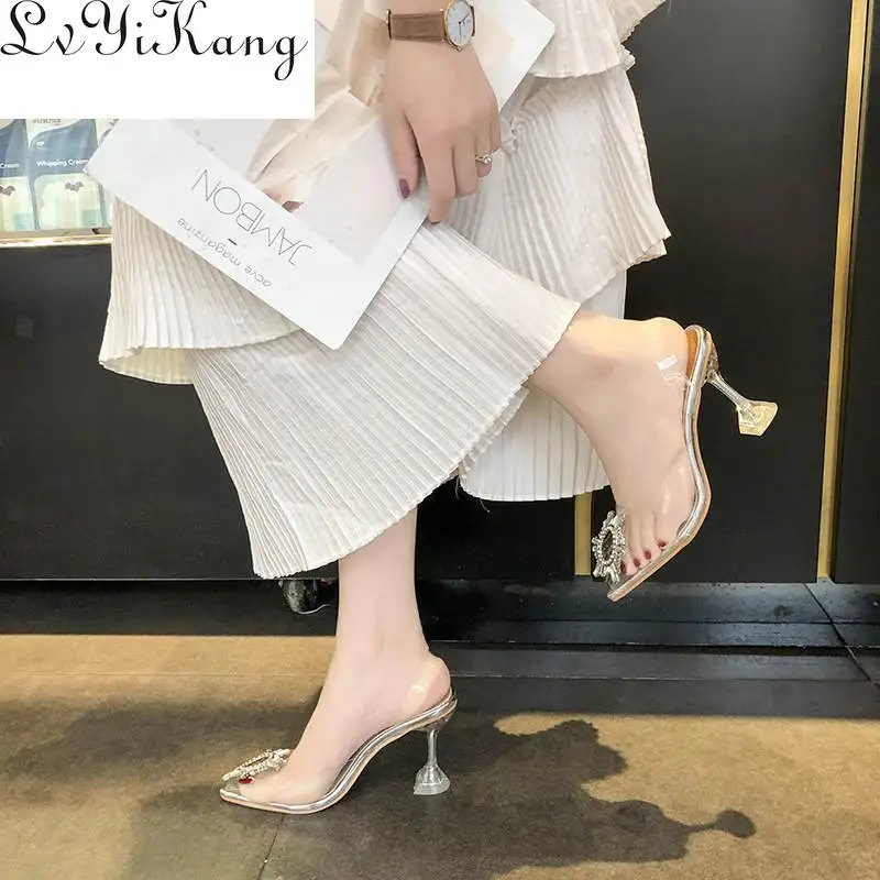 Туфли-лодочки женские прозрачные высокий каблук заостренный носок без застежки