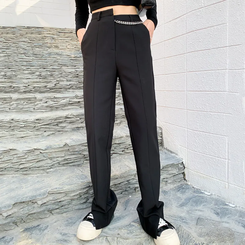 

2021 New Fashion Black Irregular Chain Split Micro Horn Thin And Versatile Casual Pants