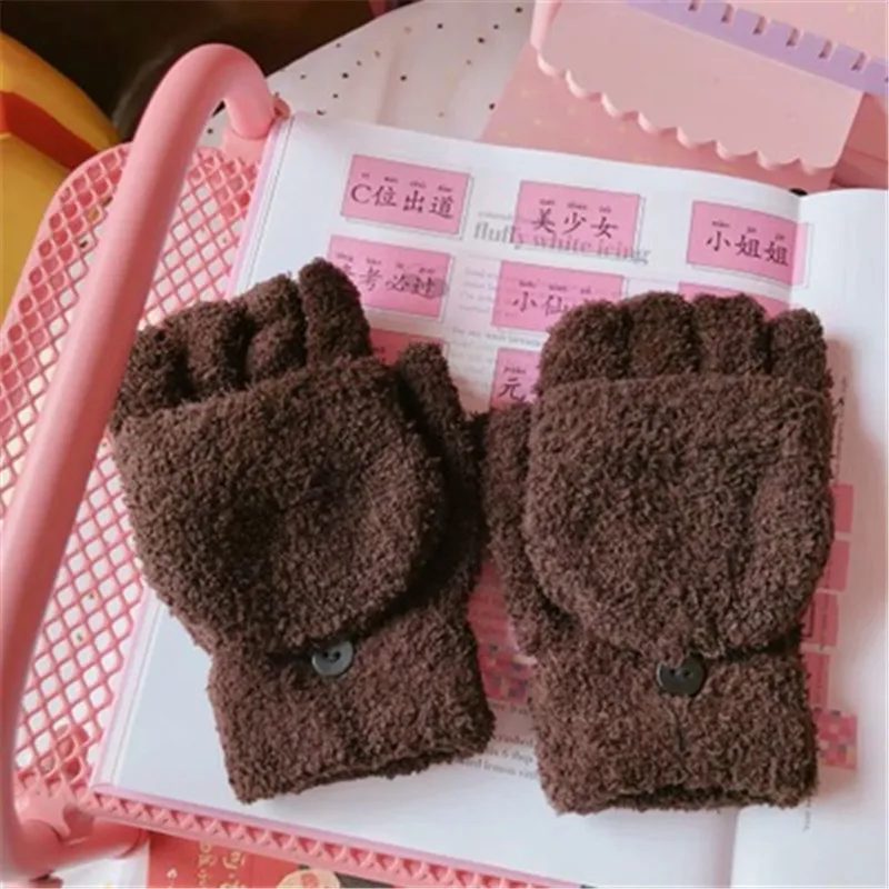 Pure color Plush Gloves Winter adult warm students Half Finger fold women's knitting gloves Japanese and Korean lovely style |