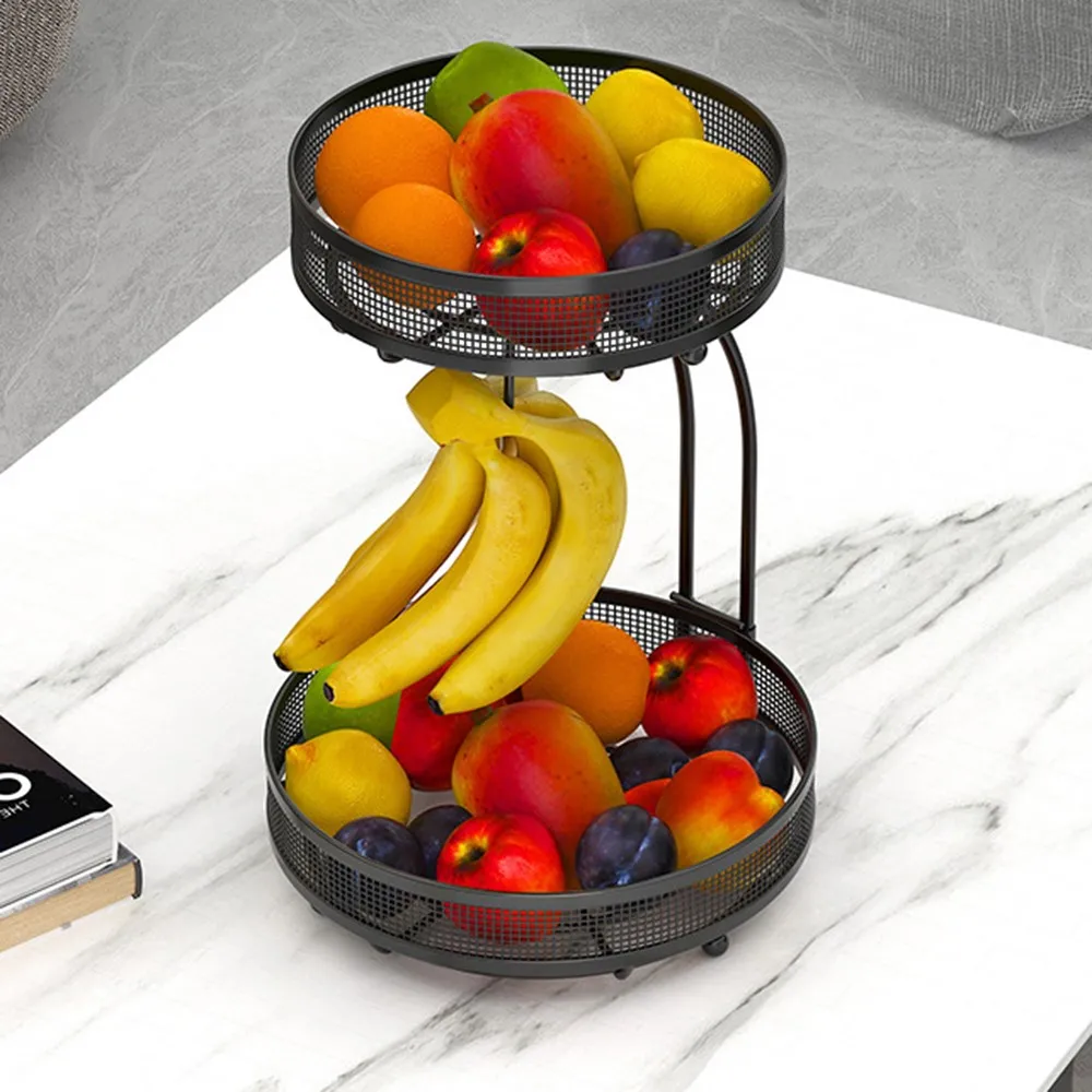 

Fruit Basket with Banana Hanger 2 Tier Metal Detachable Vegetables Bowl Storage Breads Holder Stand for Kitchen Countertop