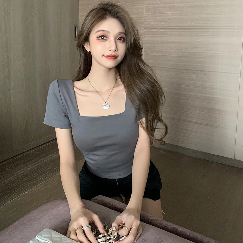 

Summer T-Shirt Women 2020 Vintage New Fashion Sexy Slim Crop Tops Square Collar Short Sleeves Casual Korean Elegant Retro Tees
