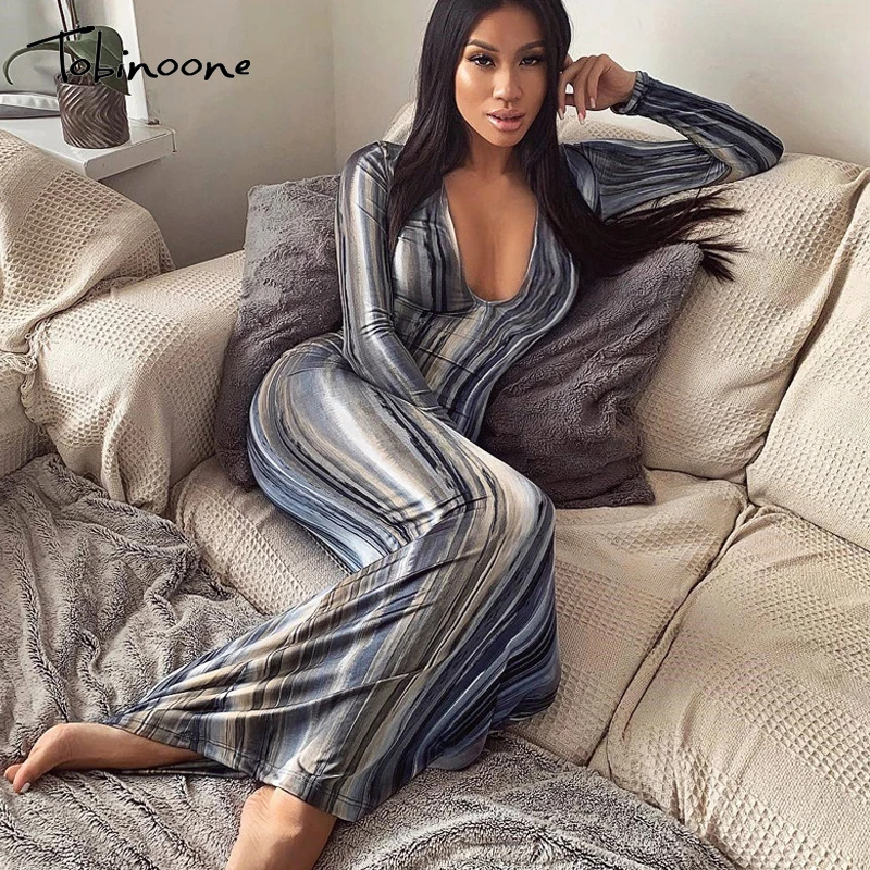 Женское платье макси с глубоким V образным вырезом и длинным рукавом|Женские