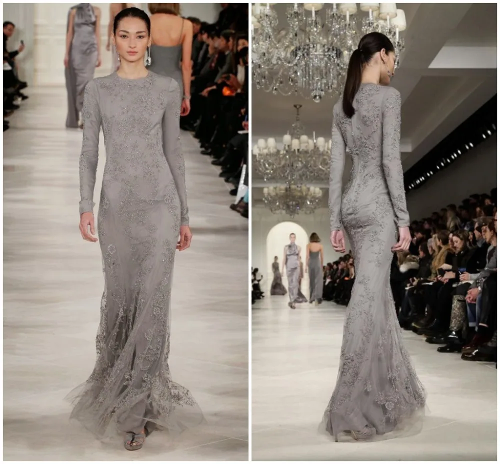 

Женское вечернее платье до пола, модельное серое кружевное платье с длинным рукавом, бальное платье для матери невесты, расшитое бисером, 2018