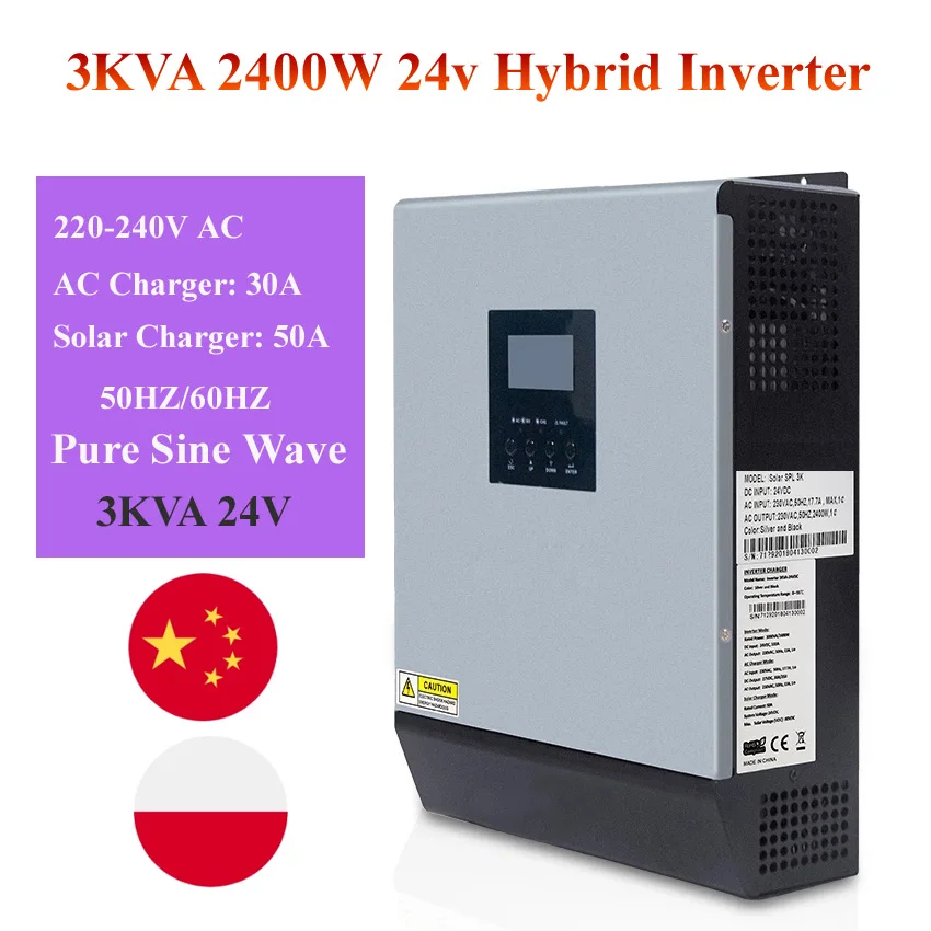 3KVA 2400W 24v 220v Hybrid Solar Inverter Pure Sine Wave with 50A solar charger controller and 30A AC to DC battery charger
