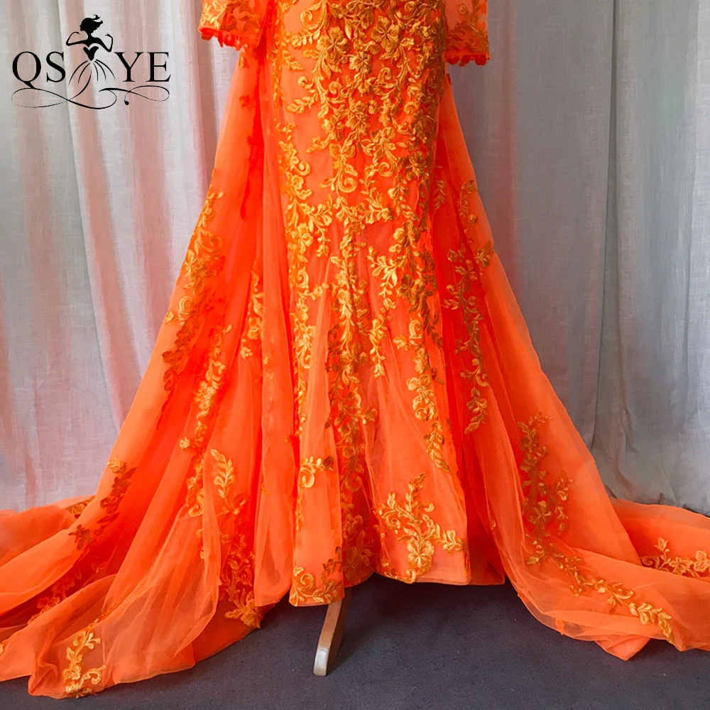 

Orange Prom Dresses Long Sleeves Tulle Evening Dress Embroidery Lace Party Formal Dress Mermaid Lace Celebrity Gown Ankle Length
