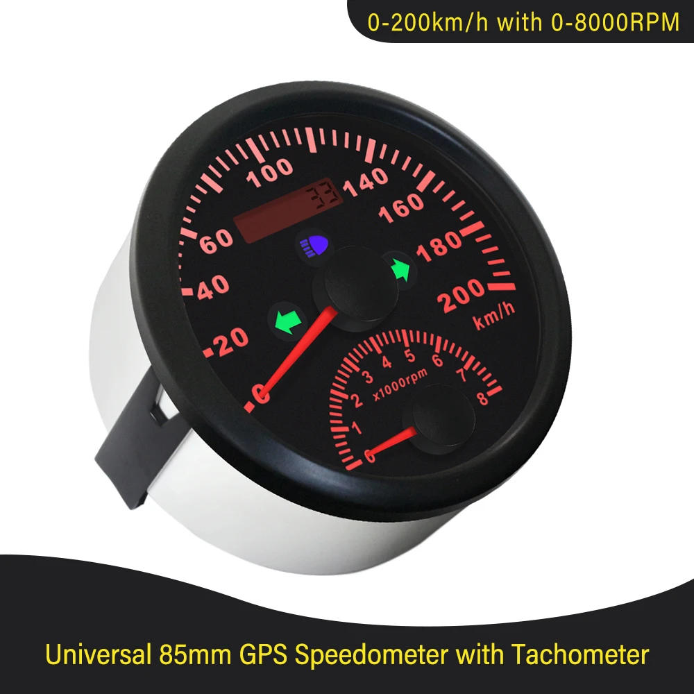 Водонепроницаемый 85 мм 0-200 км/ч GPS Спидометр 0-8000 об/мин Тахометр вращающийся