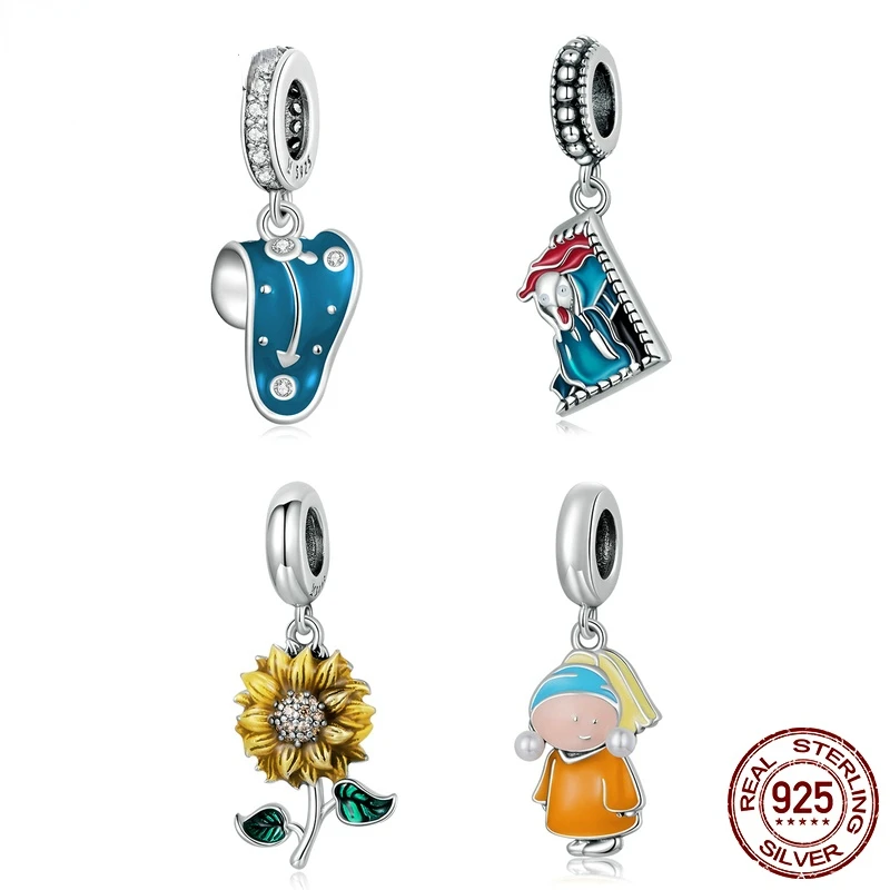 

Vintage 925 Sterling Silver Sunflower Charms Paintings Pendant Fit Women Original Bracelet or Necklace Fine Jewelry Gift