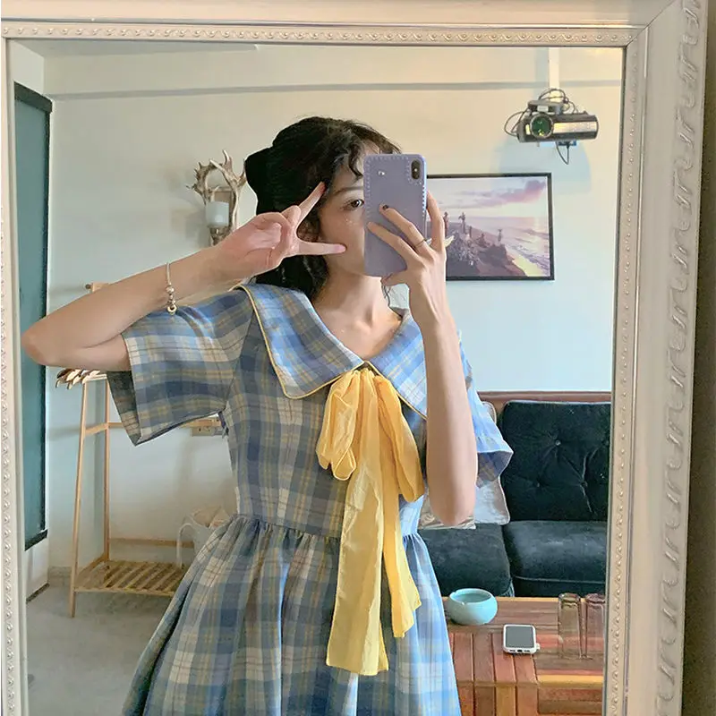 

2021 Summer Elegant Plaid Dress Women Vintage Korean Kawaii Designer Sweet Dresses Female Casual Club Outfits Party Dress